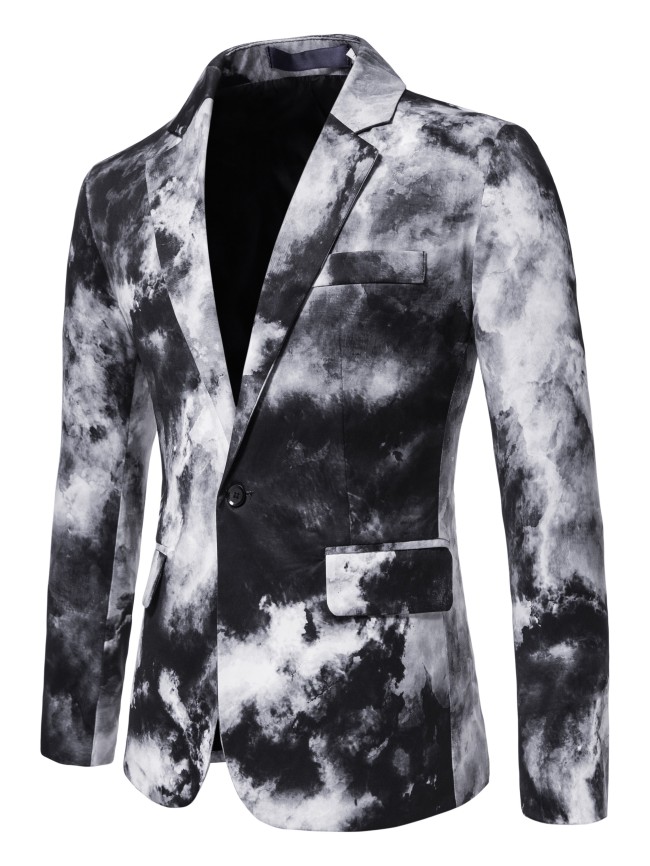1pc Men's Polyester Blazer - Gradient Print, Lapel Collar, Button Closure, Non-Stretch, Skinny Fit for Night Out, Weekend - Fake Pockets Detail