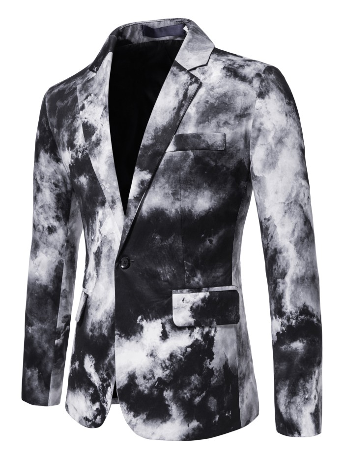 1pc Men's Polyester Blazer - Gradient Print, Lapel Collar, Button Closure, Non-Stretch, Skinny Fit for Night Out, Weekend - Fake Pockets Detail