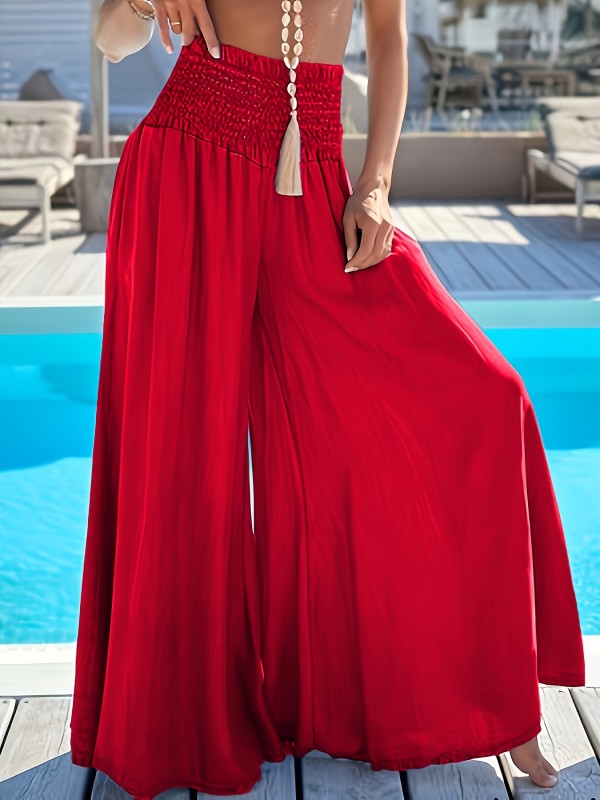 Wide Leg Flowy Solid Pants Solid Flowy Wide Leg Pants, Casual Shirred Waist Floor Length Vacation Pants, Women's Clothing