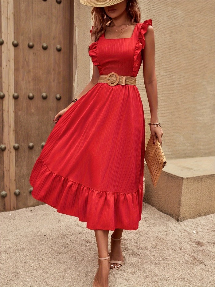 Red Maxi Square Neck Dress Women's Vacation Style Square Neck Red Maxi Dress with Bow Back Detail, Polyester Blend, Solid Color, Woven A-Line Dress for All Seasons