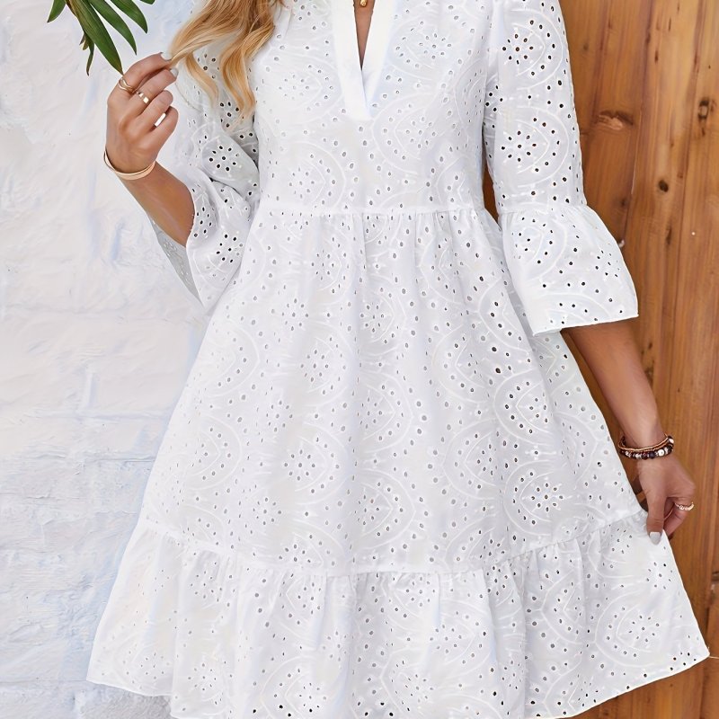 Casual Polyester V-Neck Dress - Elegant Women's Solid Color with Embroidered Lantern Sleeves, Non-Stretch, Machine Washable, Perfect for All Seasons