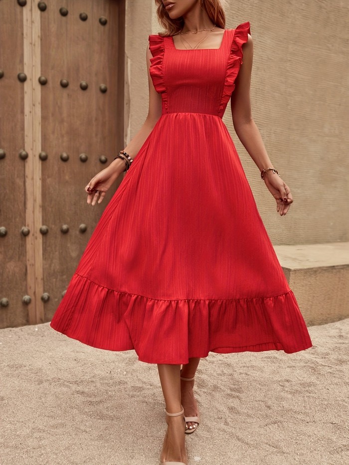 Red Maxi Square Neck Dress Women's Vacation Style Square Neck Red Maxi Dress with Bow Back Detail, Polyester Blend, Solid Color, Woven A-Line Dress for All Seasons
