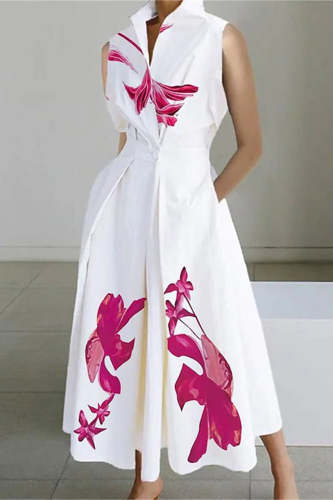 Elegant Floral Pocket Mandarin Collar A Line Dresses
