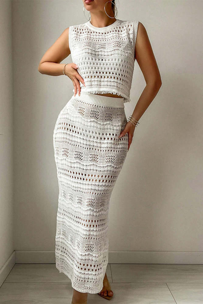 Sexy Hollow Out O Neck Sleeveless Two Pieces(3 Colors)