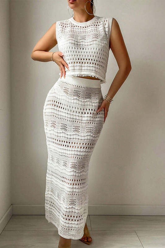 Sexy Hollow Out O Neck Sleeveless Two Pieces(3 Colors)