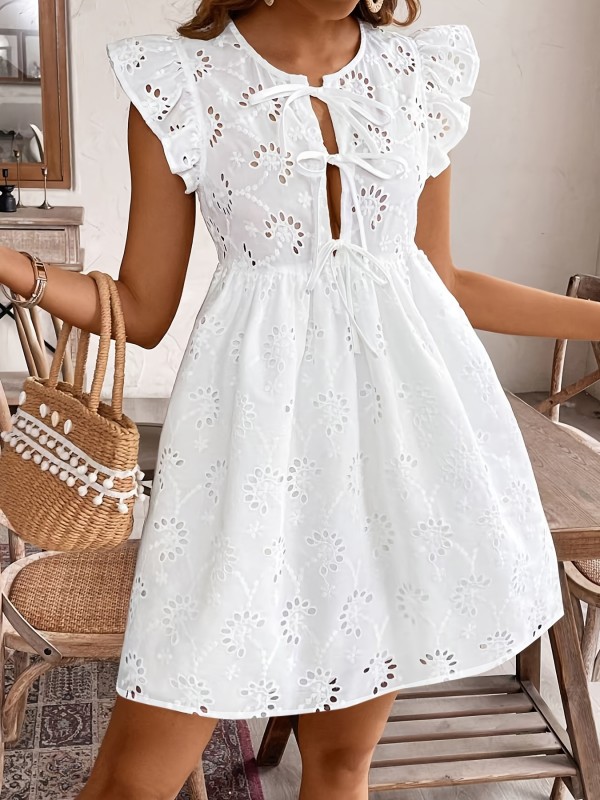 Small Hollow Flying Sleeve Dress 1605-1# New European and American White Embroidered Hollow Small Flying Sleeve Dress