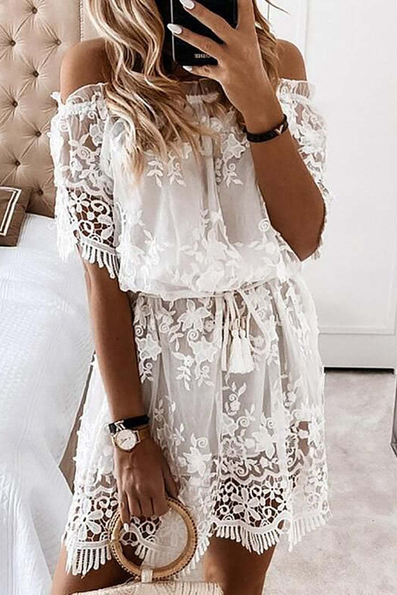 White Lace-Up Off the Shoulder Mini Dress main image 0