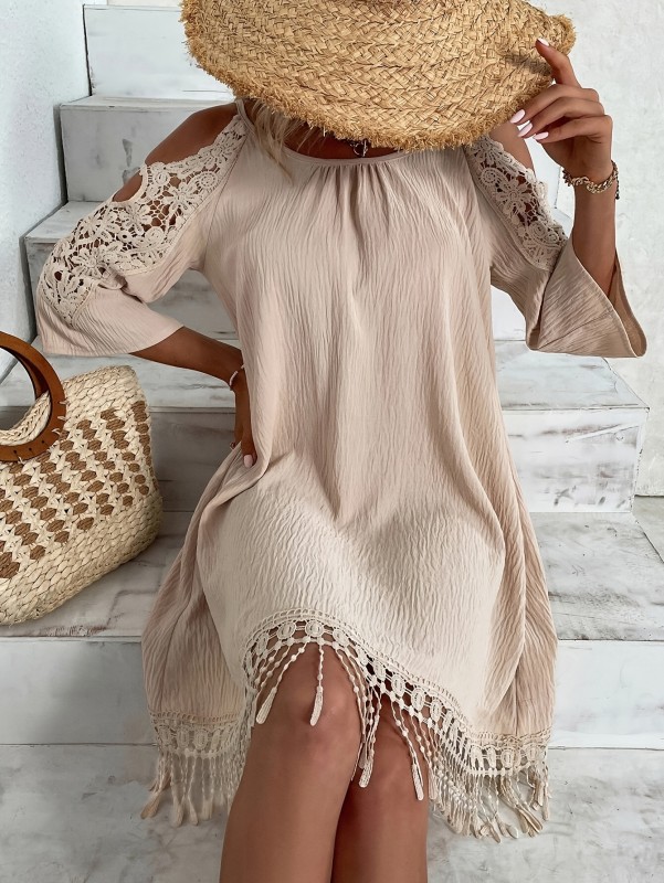 Elegant Beige Tassel Dress for Women - Off-Shoulder Lace Detail, Textured Fabric, Fringe Hem, Perfect for Spring\u002FSummer\u002FFall