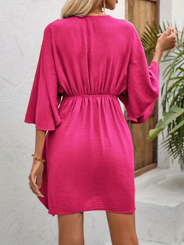Elegant V-Neck Batwing Sleeve Dress with Tie Front - Knee-Length, Breathable Polyester Blend, Perfect for Spring\u002FSummer\u002FFall