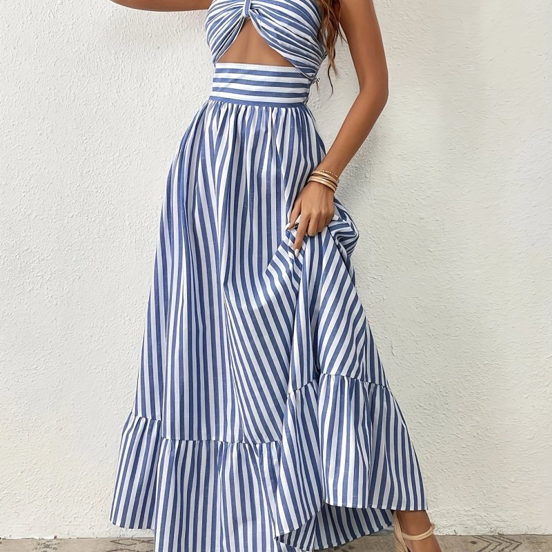 Elegant Striped Halter Neck Maxi Dress for Women - 100% Polyester Woven Pencil Dress with Button Detail, Spring\u002FSummer Vacation Style, Strapless Backless Design