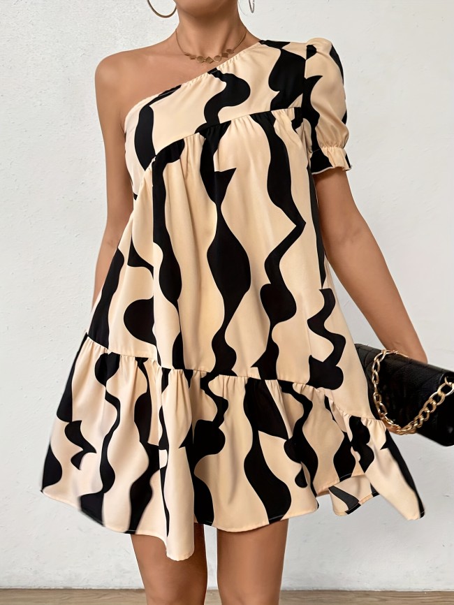 Women's Elegant One-Shoulder Geometric Print Ruffle Hem Dress - Knee-Length, Black & Beige Abstract Design, Polyester, Machine Washable, Perfect for Spring & Summer