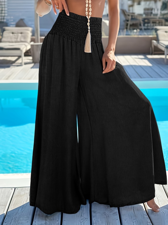 Wide Leg Flowy Solid Pants Solid Flowy Wide Leg Pants, Casual Shirred Waist Floor Length Vacation Pants, Women's Clothing