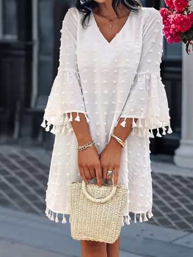 Elegant White V-Neck Dress with Floral Texture and Bell Sleeves - Women'S Casual Summer Dress, Off-Shoulder Design with Fringe Detail, Perfect for Spring, Summer, and Fall