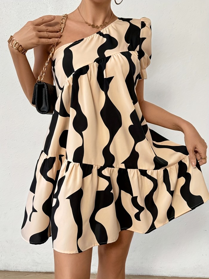 Women's Elegant One-Shoulder Geometric Print Ruffle Hem Dress - Knee-Length, Black & Beige Abstract Design, Polyester, Machine Washable, Perfect for Spring & Summer