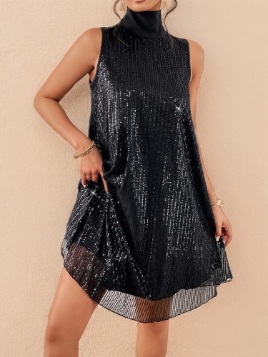 Sleeveless Sequin Turtleneck Dress - Elegant Backless Vest with Bow Detail, Stretch Fabric, Perfect for Spring\u002FFall