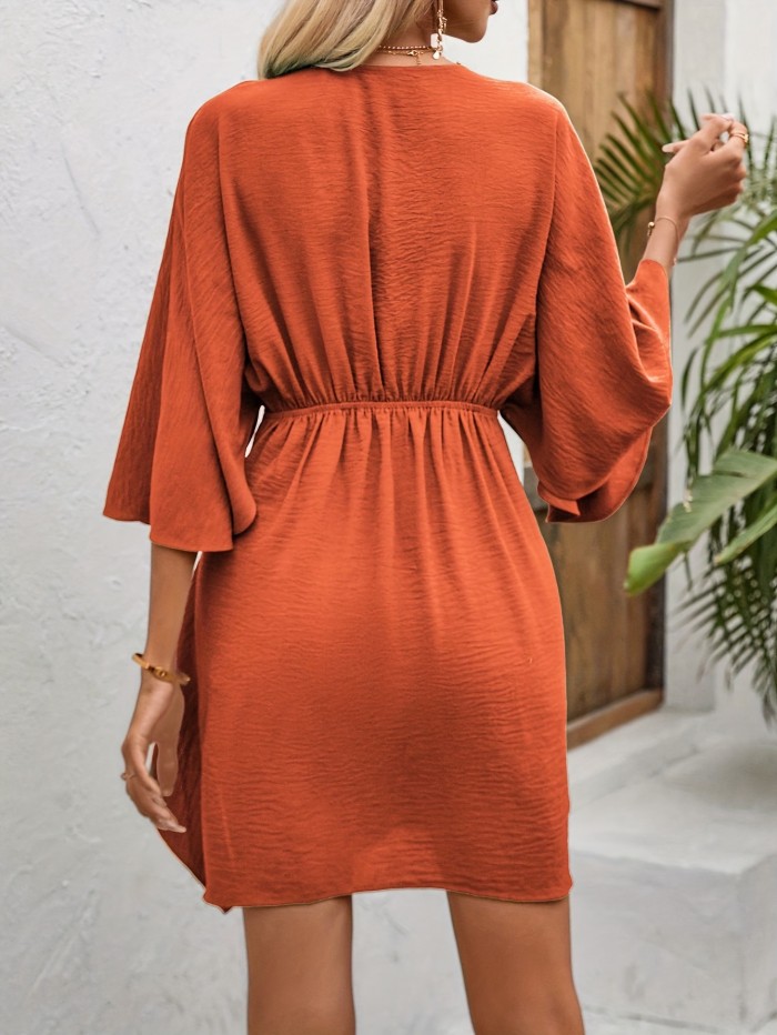 Elegant V-Neck Batwing Sleeve Dress with Tie Front - Knee-Length, Breathable Polyester Blend, Perfect for Spring\u002FSummer\u002FFall