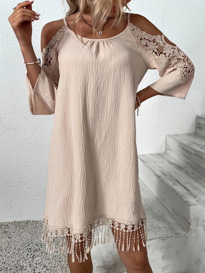 Elegant Beige Tassel Dress for Women - Off-Shoulder Lace Detail, Textured Fabric, Fringe Hem, Perfect for Spring\u002FSummer\u002FFall