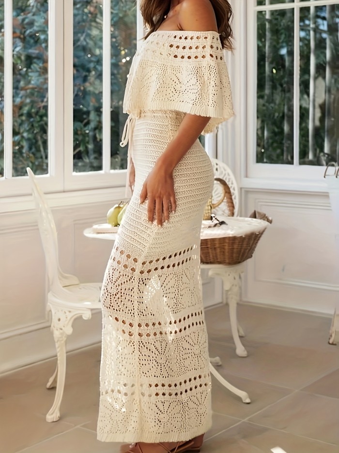 Women's Bohemian Off-Shoulder Strapless Knit Dress - Lightweight 100% Polyester Long Flowy Maxi with Adjustable Waist Tie & Geometric Lace Cut-Outs, Semi-Sheer Boho Chic Resort Dress for Spring\u002FSummer Vacation, Vacation Attire | Geometric Lace Design | Semisheer Fabric