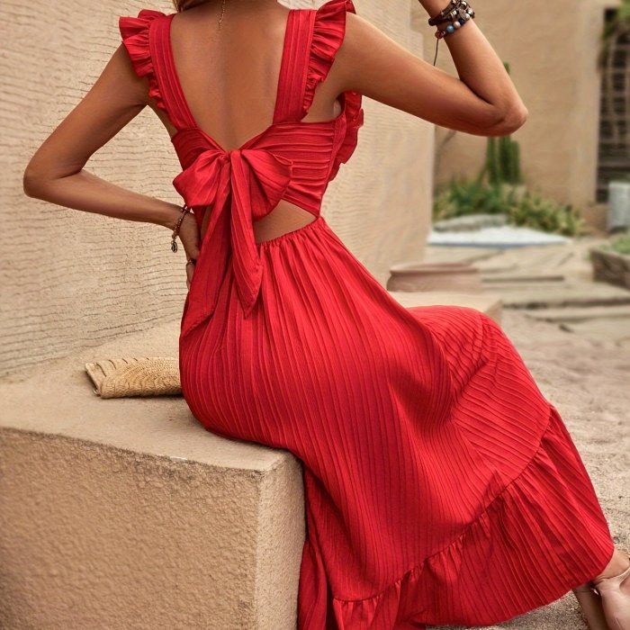 Red Maxi Square Neck Dress Women's Vacation Style Square Neck Red Maxi Dress with Bow Back Detail, Polyester Blend, Solid Color, Woven A-Line Dress for All Seasons