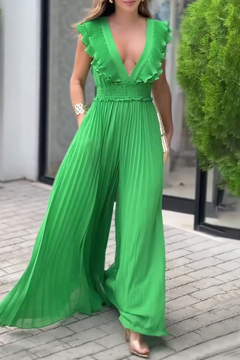 Fashion Solid Color Deep V-neck Casual Jumpsuit main image 1