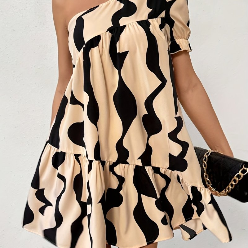 Women's Elegant One-Shoulder Geometric Print Ruffle Hem Dress - Knee-Length, Black & Beige Abstract Design, Polyester, Machine Washable, Perfect for Spring & Summer
