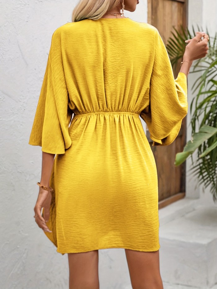 Elegant V-Neck Batwing Sleeve Dress with Tie Front - Knee-Length, Breathable Polyester Blend, Perfect for Spring\u002FSummer\u002FFall