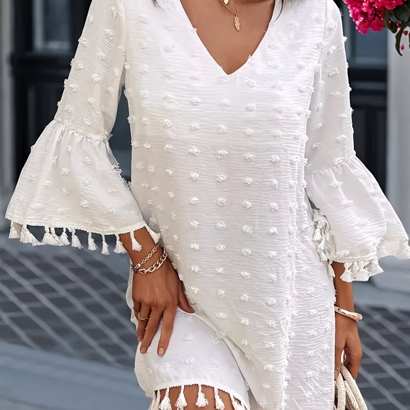 Elegant White V-Neck Dress with Floral Texture and Bell Sleeves - Women'S Casual Summer Dress, Off-Shoulder Design with Fringe Detail, Perfect for Spring, Summer, and Fall