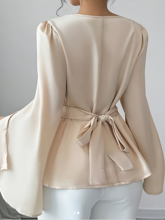Lightweight 125g\u002Fm² Elegant Solid Color Long Sleeve Top - Polyester 100%, Lapel Collar, Split Sleeve Design, Lace-Up Bow-Knot Detail, Woven Fabric for Spring\u002FSummer\u002FFall