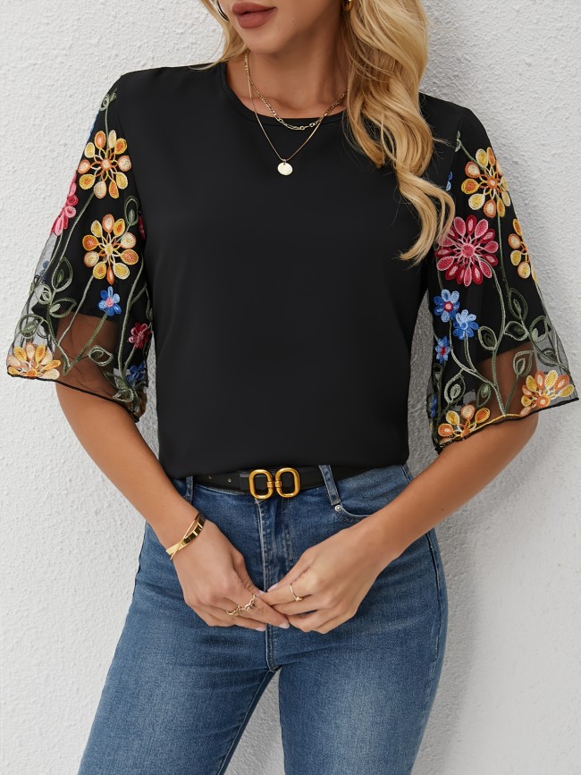 Floral Embroidered, Elegant Blouse Spring\u002FSummer Floral Embroidered Blouse - Elegant Women's Casual Round Neck, Short Sleeve with Sheer Mesh Panel, Polyester & Elastane Blend, Machine Washable