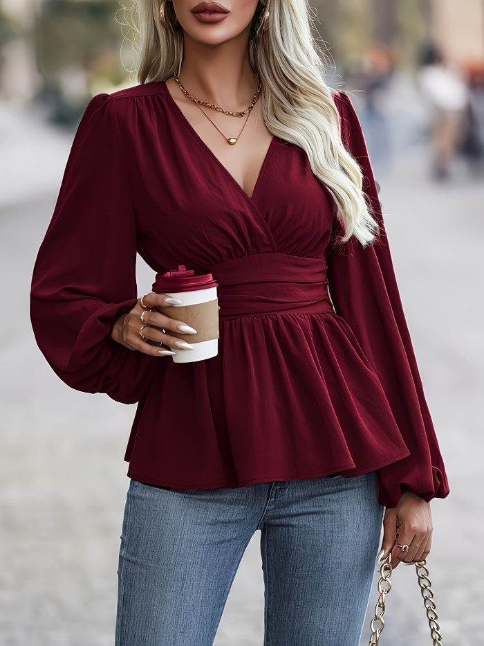 Elegant Floral Print 1pc V-Neck Long Sleeve Polyester Blouse - Women's Contrast Lapel Collar Top for Spring\u002FSummer\u002FFall