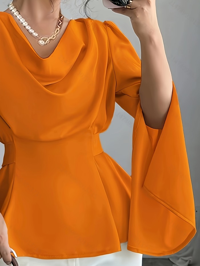 Lightweight 125g\u002Fm² Elegant Solid Color Long Sleeve Top - Polyester 100%, Lapel Collar, Split Sleeve Design, Lace-Up Bow-Knot Detail, Woven Fabric for Spring\u002FSummer\u002FFall