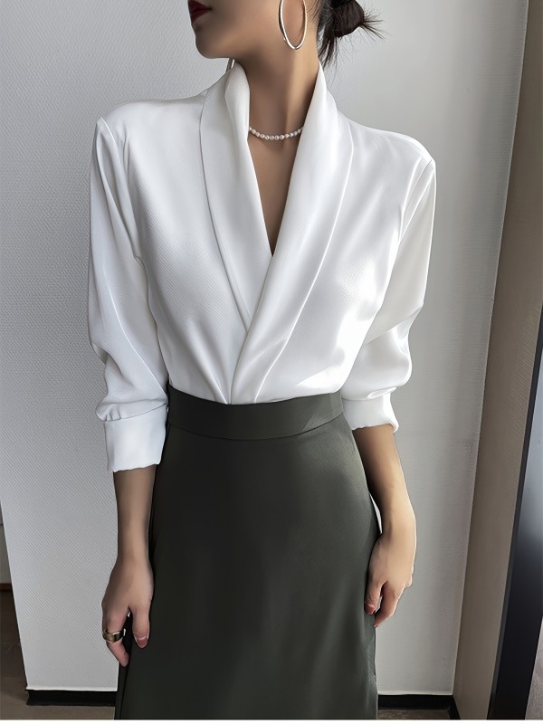 New Women'S V-neck Long Sleeved Satin Drape Shirt, High-end Temperament Shirt Top, Versatile And Suitable For Various Body Shapes Wrapped Shirt