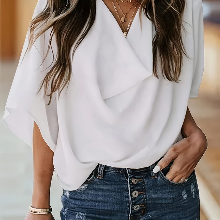 Elegant Solid Color V-Neck Blouse for Women - Versatile Polyester Shirt with Ruffled Detail, Perfect for All Seasons, Ladies Blouses