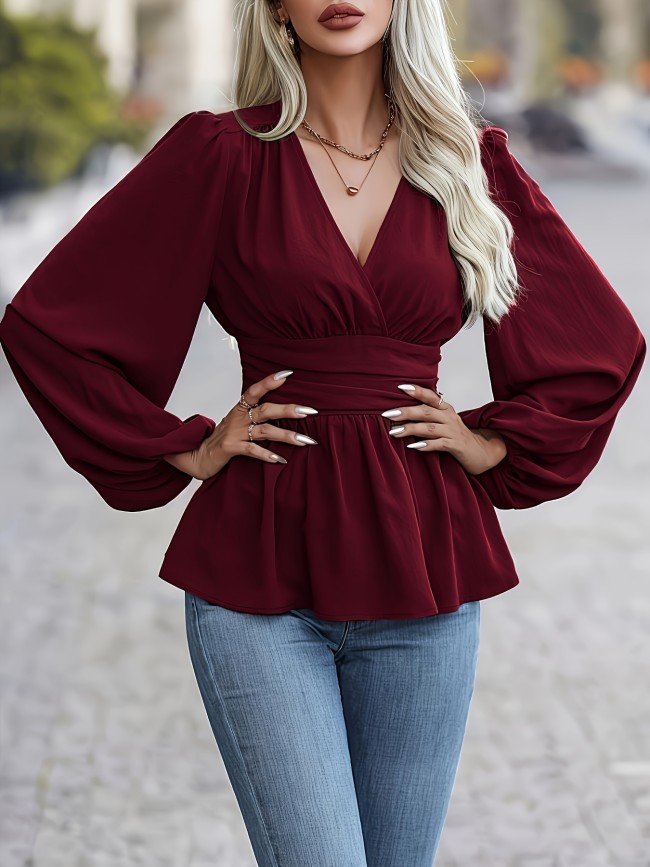Elegant Floral Print 1pc V-Neck Long Sleeve Polyester Blouse - Women's Contrast Lapel Collar Top for Spring\u002FSummer\u002FFall