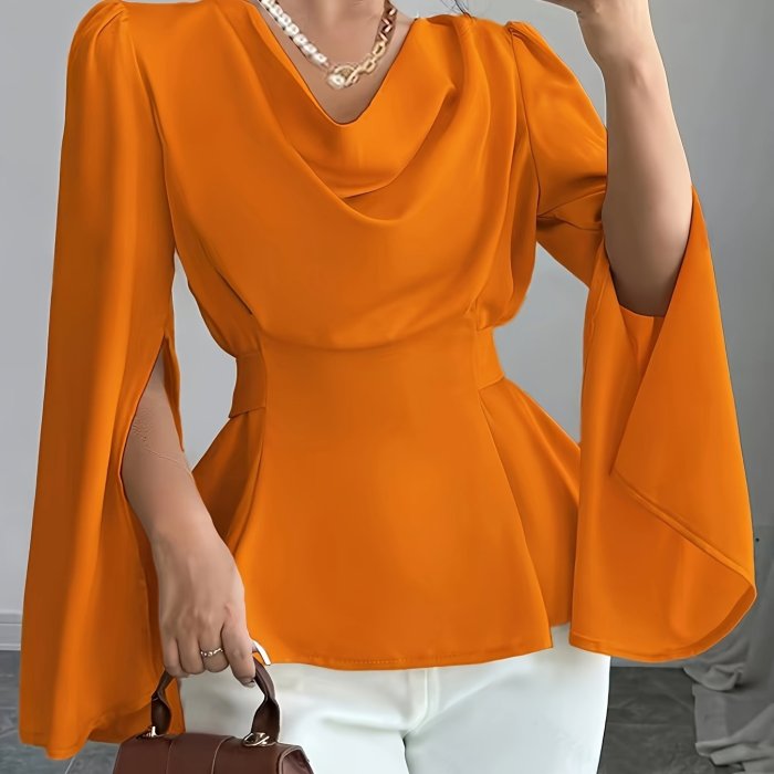 Lightweight 125g\u002Fm² Elegant Solid Color Long Sleeve Top - Polyester 100%, Lapel Collar, Split Sleeve Design, Lace-Up Bow-Knot Detail, Woven Fabric for Spring\u002FSummer\u002FFall