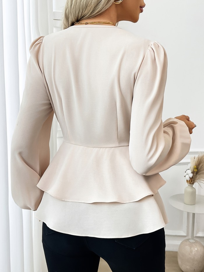 Versatile Criss Cross Neckline Top - Elegant 100% Polyester Office Fashion, Solid Color Blouse with Ruffle Hem, Button Details for All Seasons