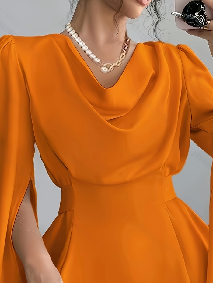 Lightweight 125g\u002Fm² Elegant Solid Color Long Sleeve Top - Polyester 100%, Lapel Collar, Split Sleeve Design, Lace-Up Bow-Knot Detail, Woven Fabric for Spring\u002FSummer\u002FFall