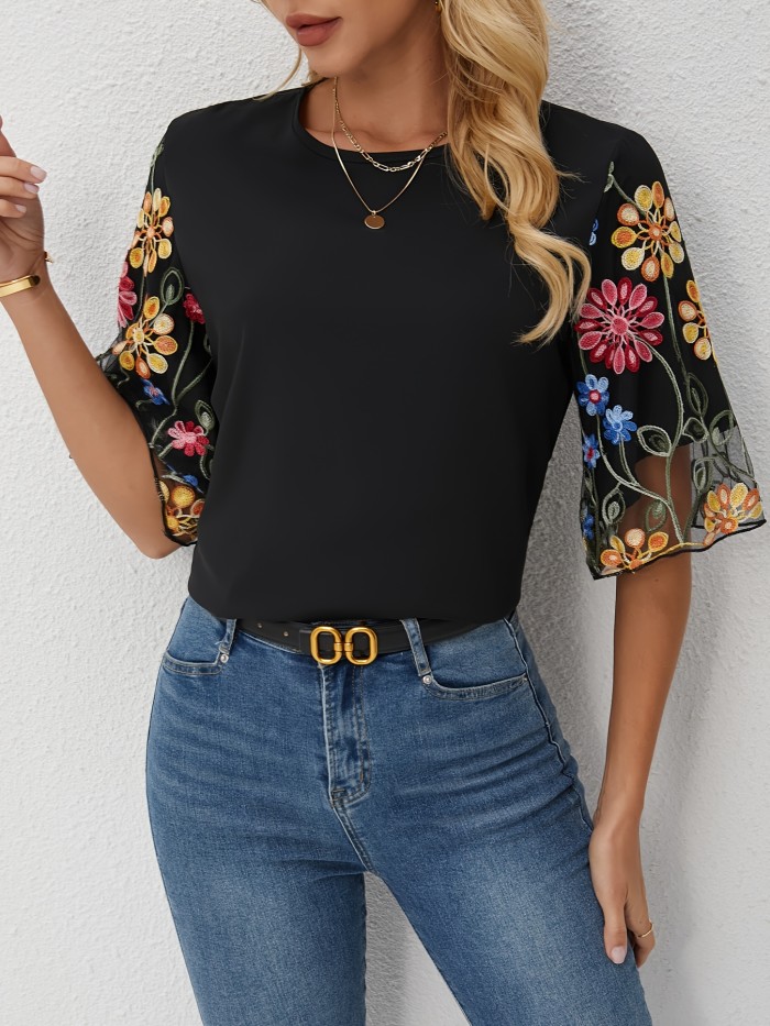 Floral Embroidered, Elegant Blouse Spring\u002FSummer Floral Embroidered Blouse - Elegant Women's Casual Round Neck, Short Sleeve with Sheer Mesh Panel, Polyester & Elastane Blend, Machine Washable