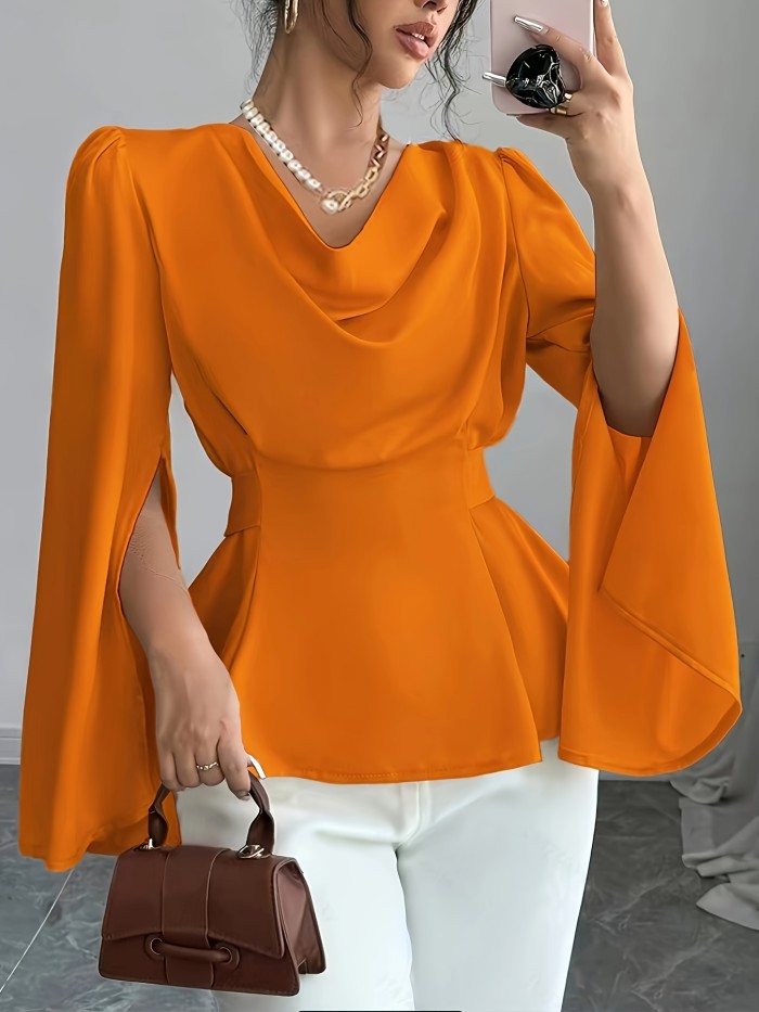 Lightweight 125g\u002Fm² Elegant Solid Color Long Sleeve Top - Polyester 100%, Lapel Collar, Split Sleeve Design, Lace-Up Bow-Knot Detail, Woven Fabric for Spring\u002FSummer\u002FFall