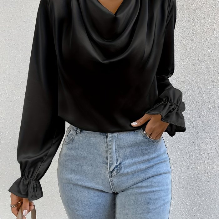 Elegant Drape Neck Blouse - Solid Color Polyester Satin Shirt with Flutter Sleeves and Pleated Details for Women, Loose Fit Pullover for Going Out, Spring\u002FFall Collection