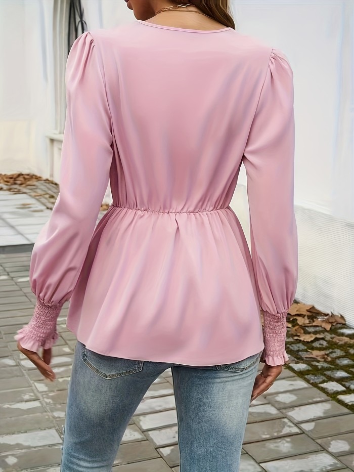 Elegant Solid Color V-Neck Blouse with Lantern Sleeves - Machine Washable, Polyester, Perfect for Spring\u002FFall
