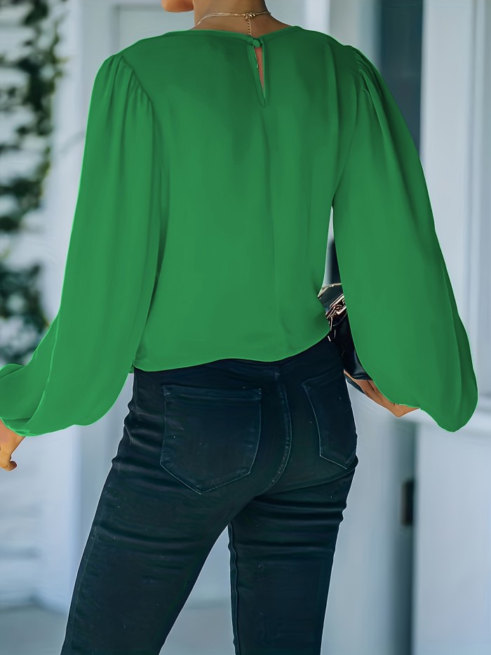 1pc Women's Casual Loose Fit Crew Neck Long Sleeve Solid Color Polyester Shirt with Lace-Up Detail, Woven Fall Season Top for Adults