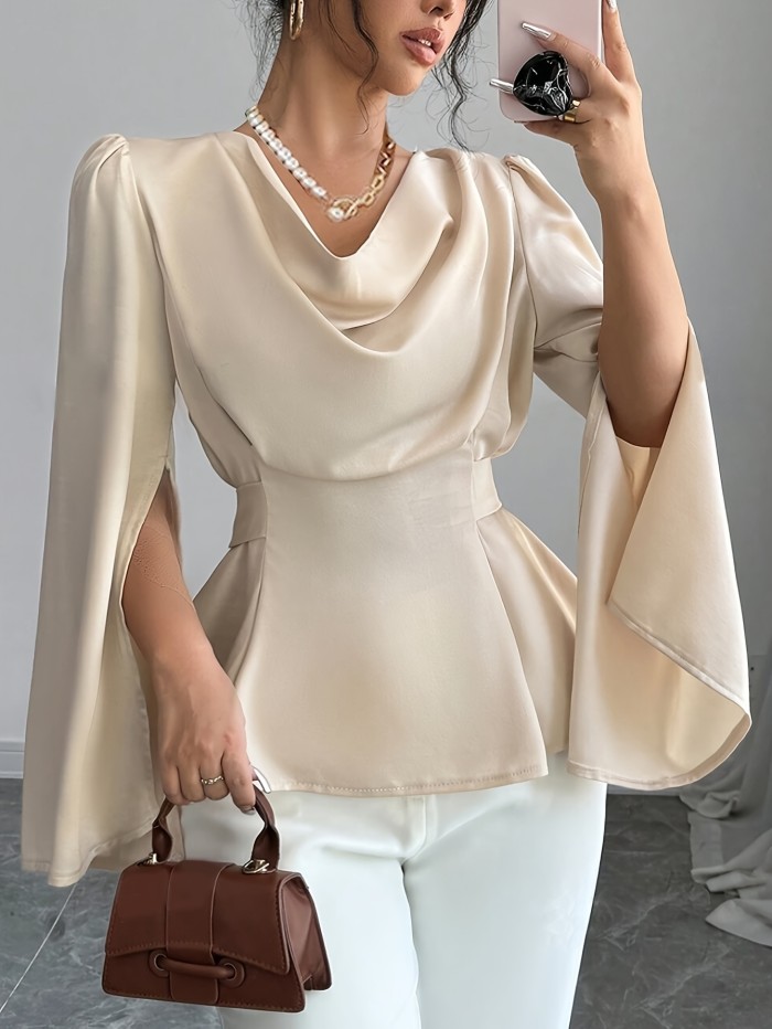 Lightweight 125g\u002Fm² Elegant Solid Color Long Sleeve Top - Polyester 100%, Lapel Collar, Split Sleeve Design, Lace-Up Bow-Knot Detail, Woven Fabric for Spring\u002FSummer\u002FFall