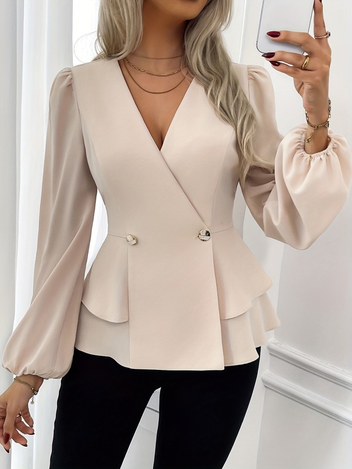 Versatile Criss Cross Neckline Top - Elegant 100% Polyester Office Fashion, Solid Color Blouse with Ruffle Hem, Button Details for All Seasons