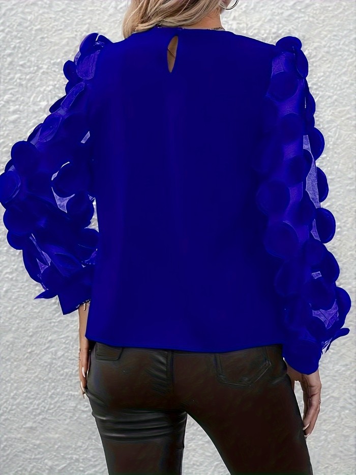 Applique Mesh Splicing Blouse, Elegant Crew Neck Long Sleeve Blouse For Spring & Fall, Women's Clothing