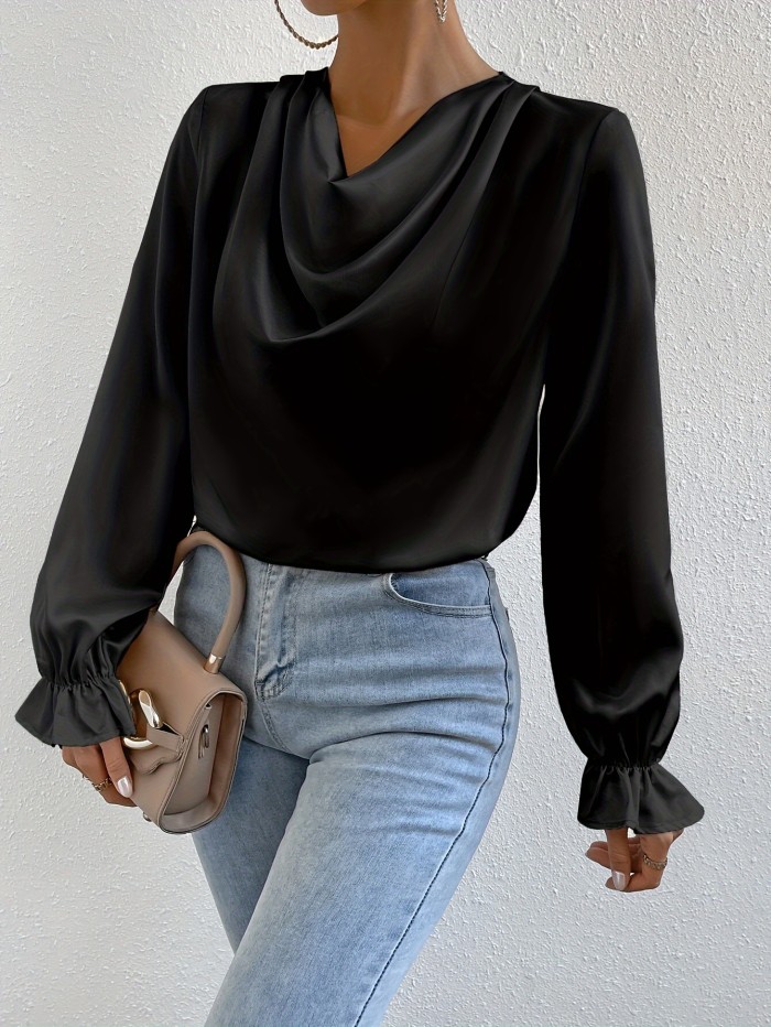 Elegant Drape Neck Blouse - Solid Color Polyester Satin Shirt with Flutter Sleeves and Pleated Details for Women, Loose Fit Pullover for Going Out, Spring\u002FFall Collection