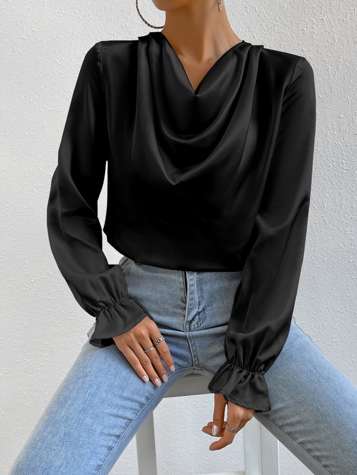 Elegant Drape Neck Blouse - Solid Color Polyester Satin Shirt with Flutter Sleeves and Pleated Details for Women, Loose Fit Pullover for Going Out, Spring\u002FFall Collection