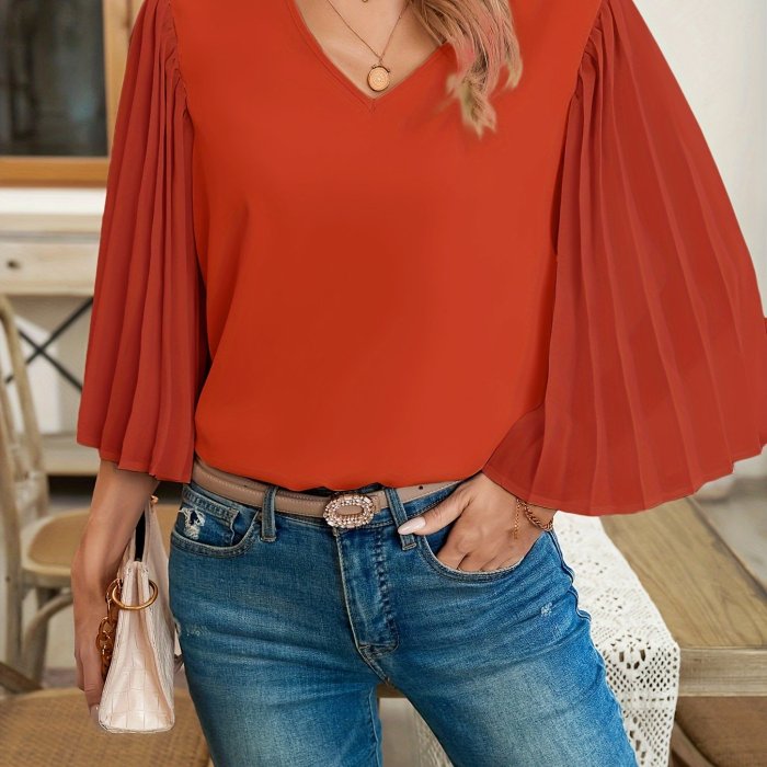 Chic Beige V-Neck Blouse Long Sleeve Beige V-Neck Blouse for Women - Chic Pleated Polyester - Sophisticated Style for All Seasons