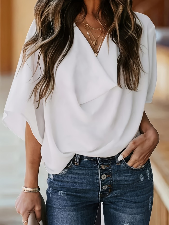 Elegant Solid Color V-Neck Blouse for Women - Versatile Polyester Shirt with Ruffled Detail, Perfect for All Seasons, Ladies Blouses