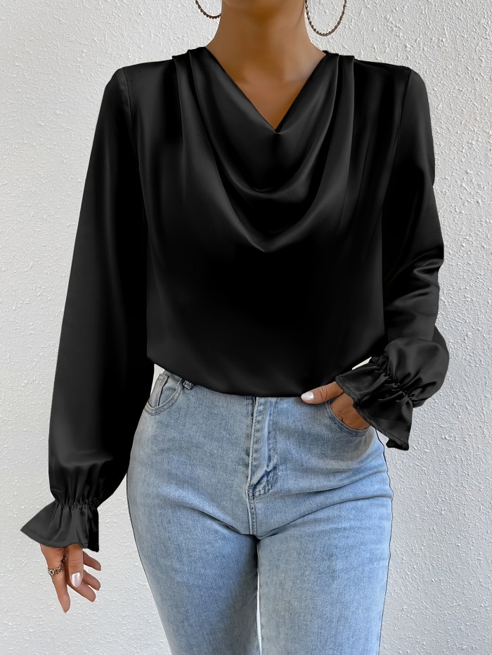 Elegant Drape Neck Blouse - Solid Color Polyester Satin Shirt with Flutter Sleeves and Pleated Details for Women, Loose Fit Pullover for Going Out, Spring\u002FFall Collection